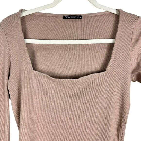2/$30 Zara Tan Caramel Square Neckline Ribbed Crop Top Long Sleeves Size Large - Picture 4 of 14